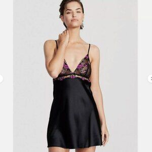 Floral Embroidery Satin Slip Chemise Black with Pink Purple Flowers NWT
